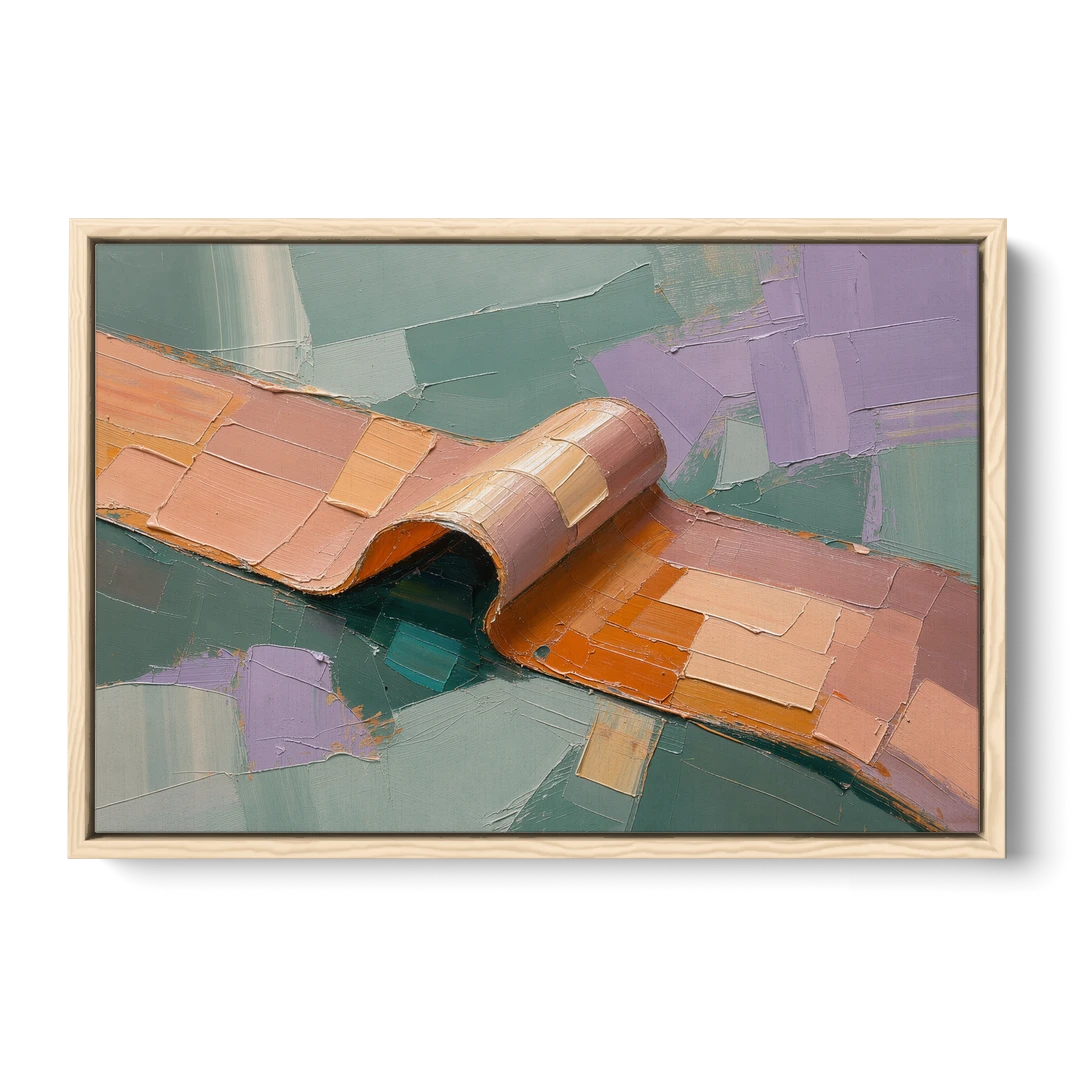 Modern Abstract Painting with Rolling Peach Ribbon - Oak Framed Canvas Wall Art - Front