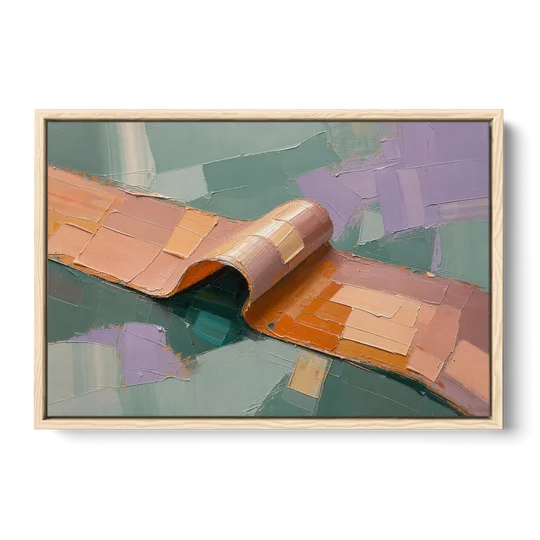 Modern Abstract Painting with Rolling Peach Ribbon - Oak Framed Canvas Wall Art - Front