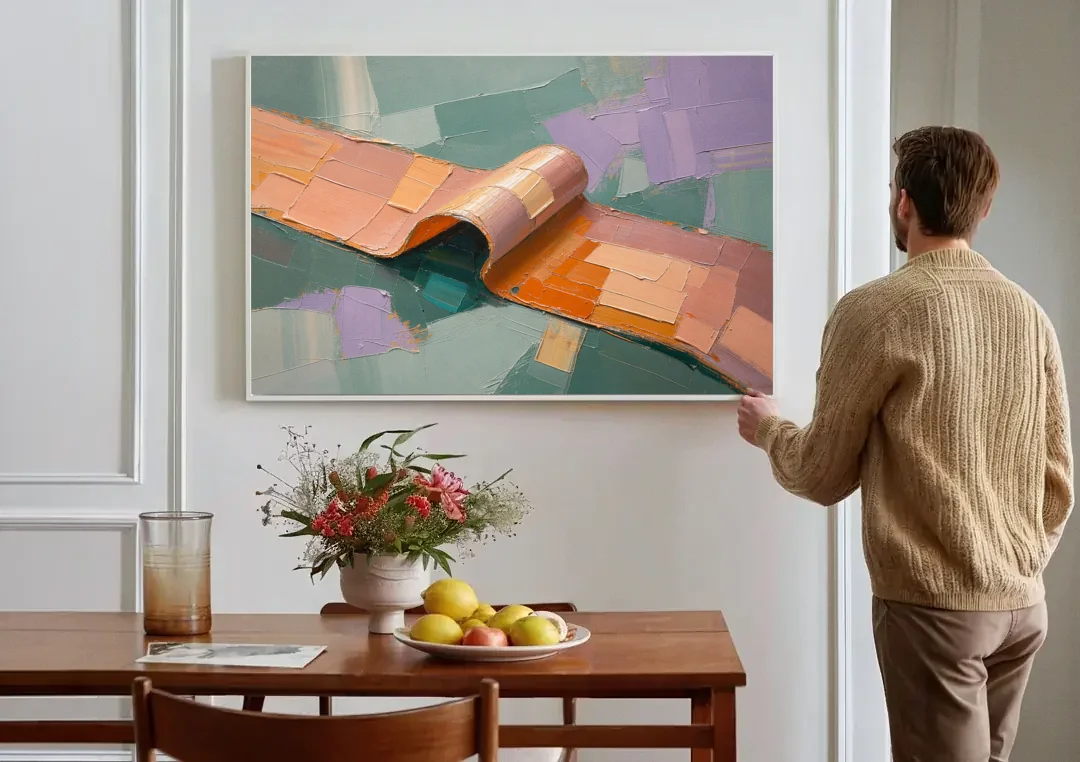 Modern Abstract Painting with Rolling Peach Ribbon canvas wall art above a dining table