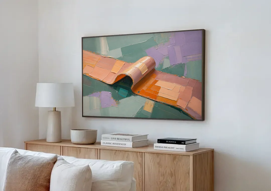Modern Abstract Painting with Rolling Peach Ribbon canvas wall art above a wooden sideboard next to a sofa