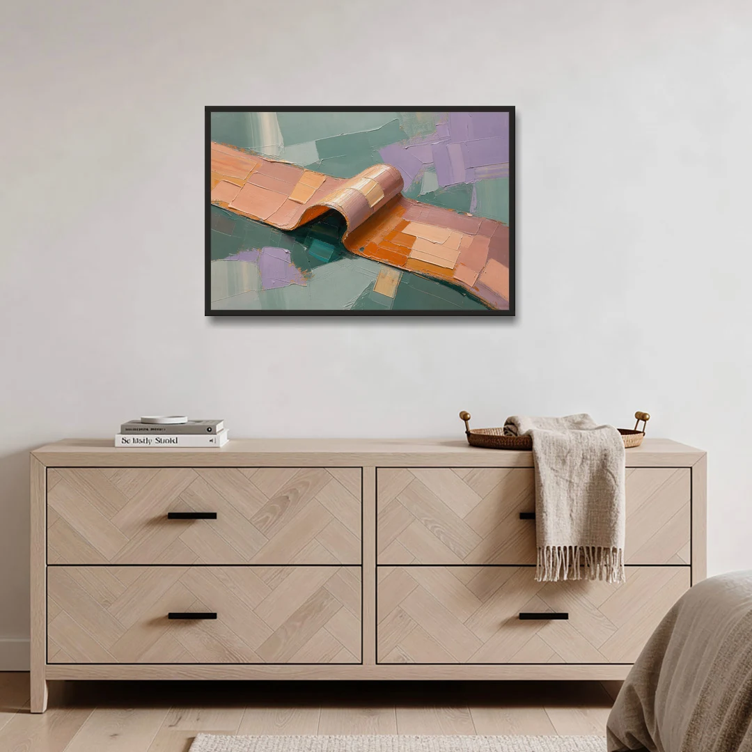 Modern Abstract Painting with Rolling Peach Ribbon - Black Framed Canvas Wall Art - Coffee Table - 36x24