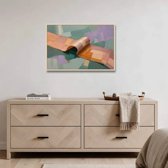 Modern Abstract Painting with Rolling Peach Ribbon - Oak Framed Canvas Wall Art - Coffee Table - 36x24
