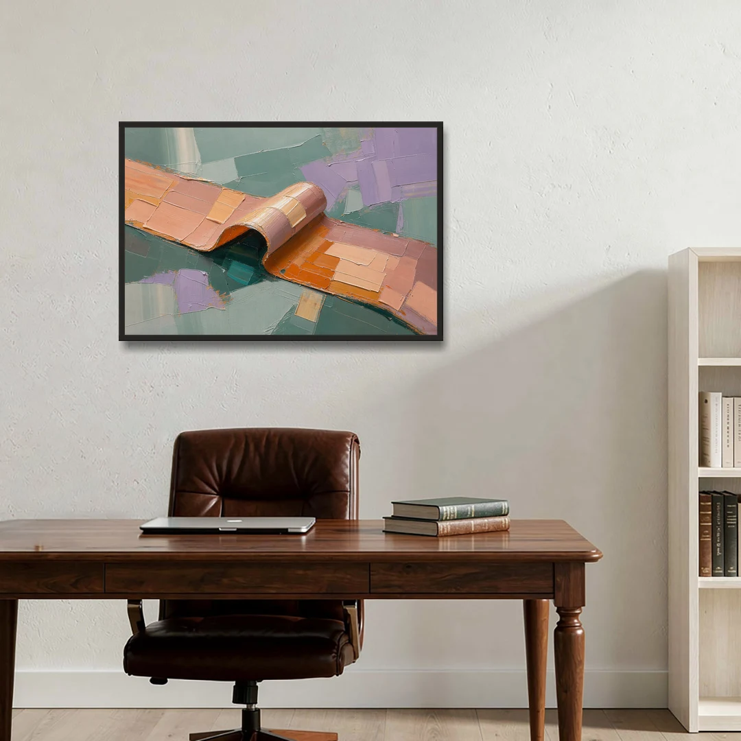 Modern Abstract Painting with Rolling Peach Ribbon - Black Framed Canvas Wall Art - Office - 36x24