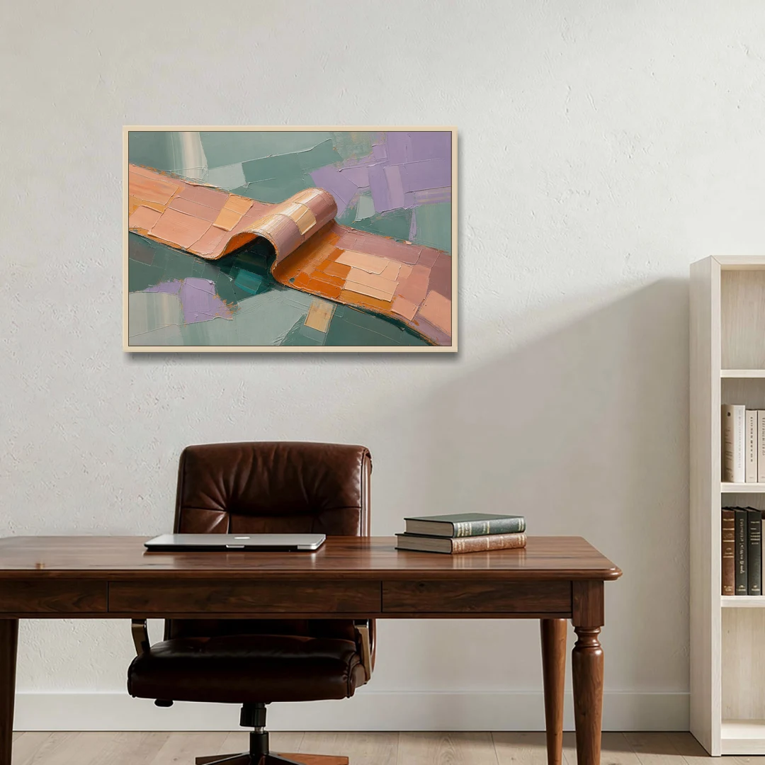 Modern Abstract Painting with Rolling Peach Ribbon - Oak Framed Canvas Wall Art - Office - 36x24