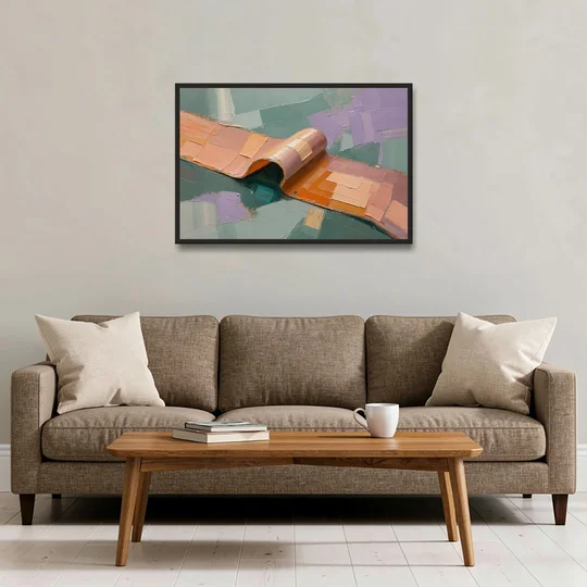 Modern Abstract Painting with Rolling Peach Ribbon - Black Framed Canvas Wall Art - Sofa - 36x24