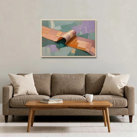 Modern Abstract Painting with Rolling Peach Ribbon - Oak Framed Canvas Wall Art - Sofa - 36x24