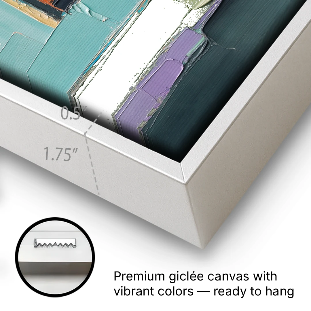 Modern Abstract Prints Sunset Square on Turquoise - White Framed Canvas Wall Art - Gallery Wrap Corner