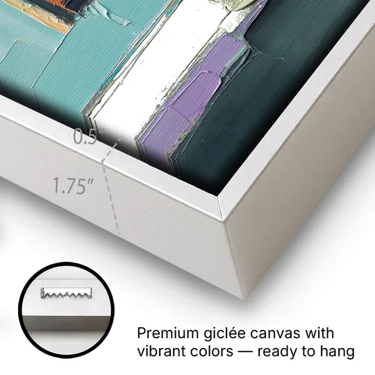 Modern Abstract Prints Sunset Square on Turquoise - White Framed Canvas Wall Art - Gallery Wrap Corner
