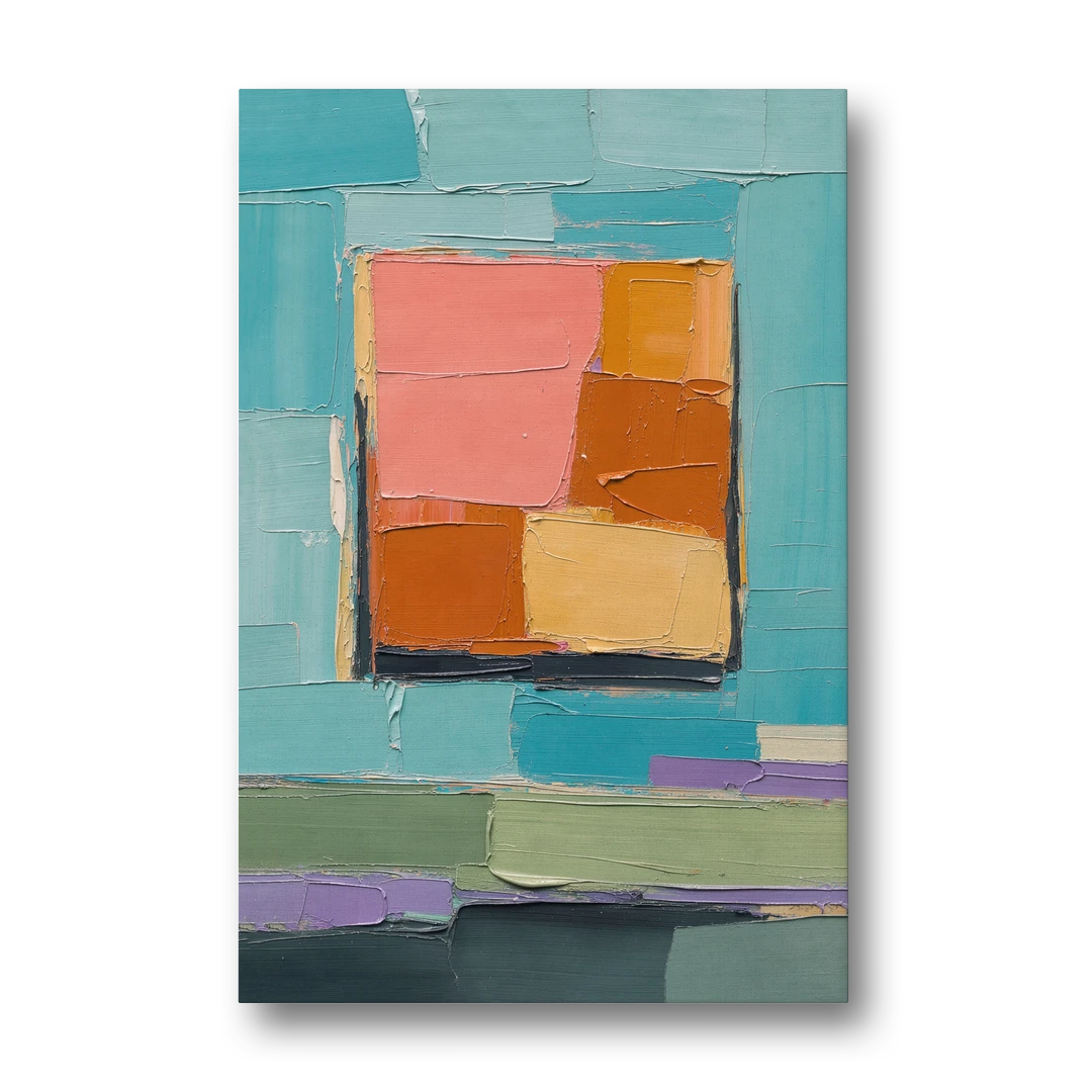 Modern Abstract Prints Sunset Square on Turquoise - Canvas Wall Art - Front