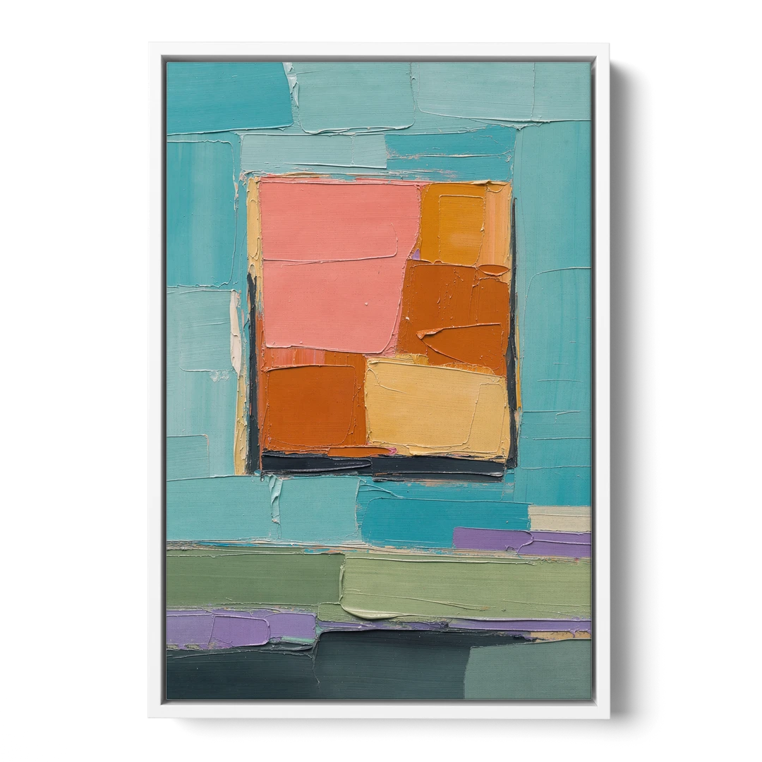 Modern Abstract Prints Sunset Square on Turquoise - White Framed Canvas Wall Art - Front