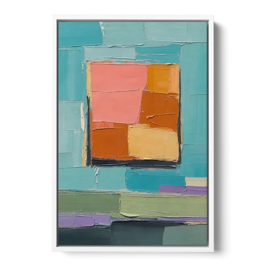 Modern Abstract Prints Sunset Square on Turquoise - White Framed Canvas Wall Art - Front