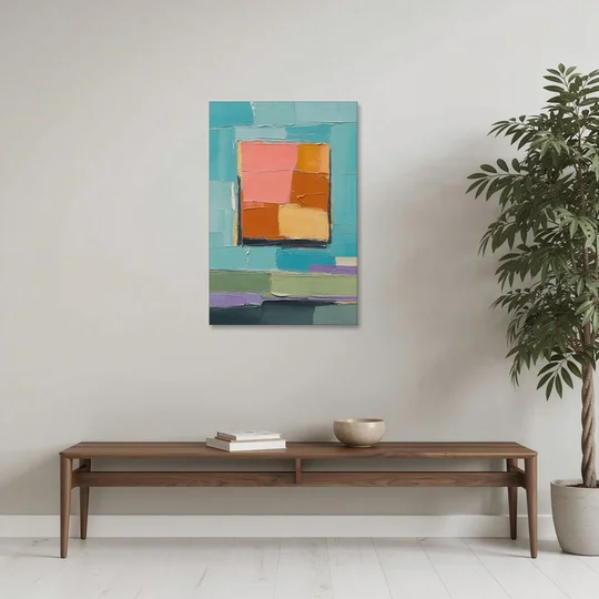Modern Abstract Prints Sunset Square on Turquoise - Canvas Wall Art - Coffee Table - 24x36