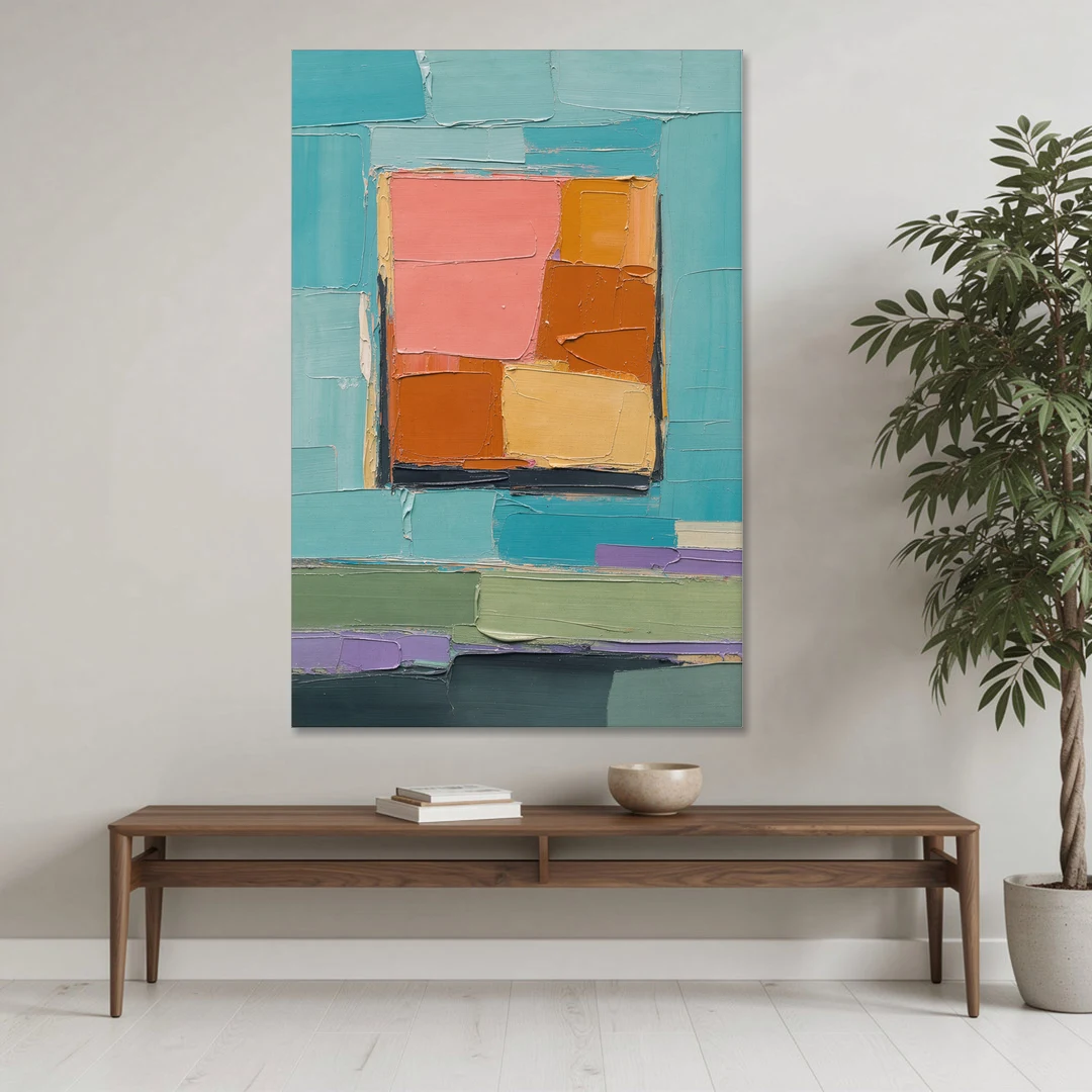 Modern Abstract Prints Sunset Square on Turquoise - Canvas Wall Art - Coffee Table - 40x60