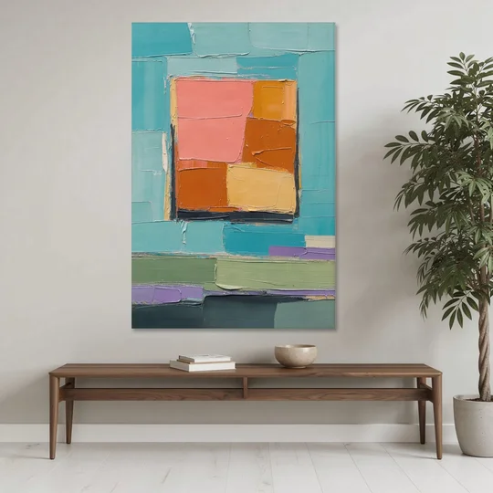 Modern Abstract Prints Sunset Square on Turquoise - Canvas Wall Art - Coffee Table - 40x60
