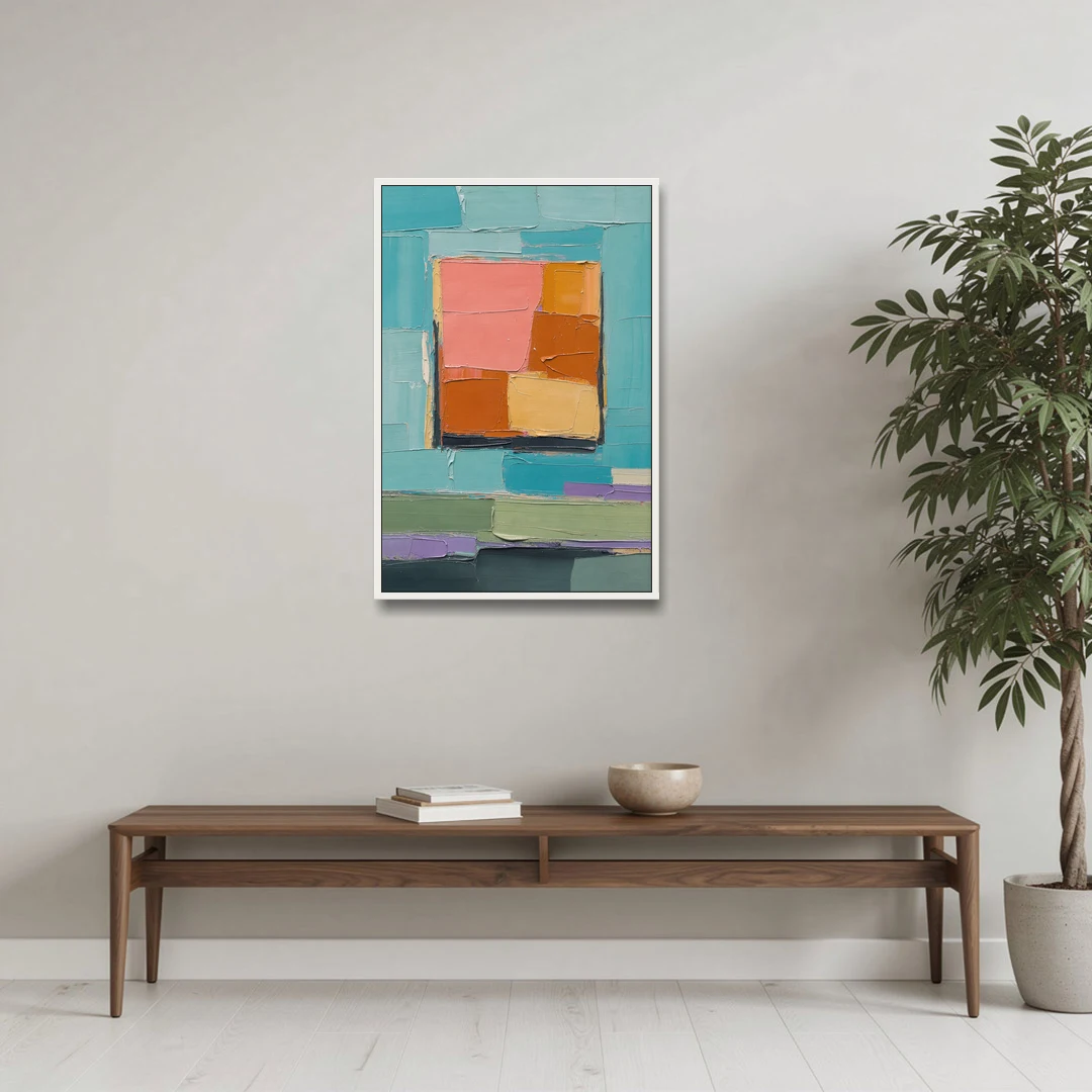 Modern Abstract Prints Sunset Square on Turquoise - White Framed Canvas Wall Art - Coffee Table - 24x36
