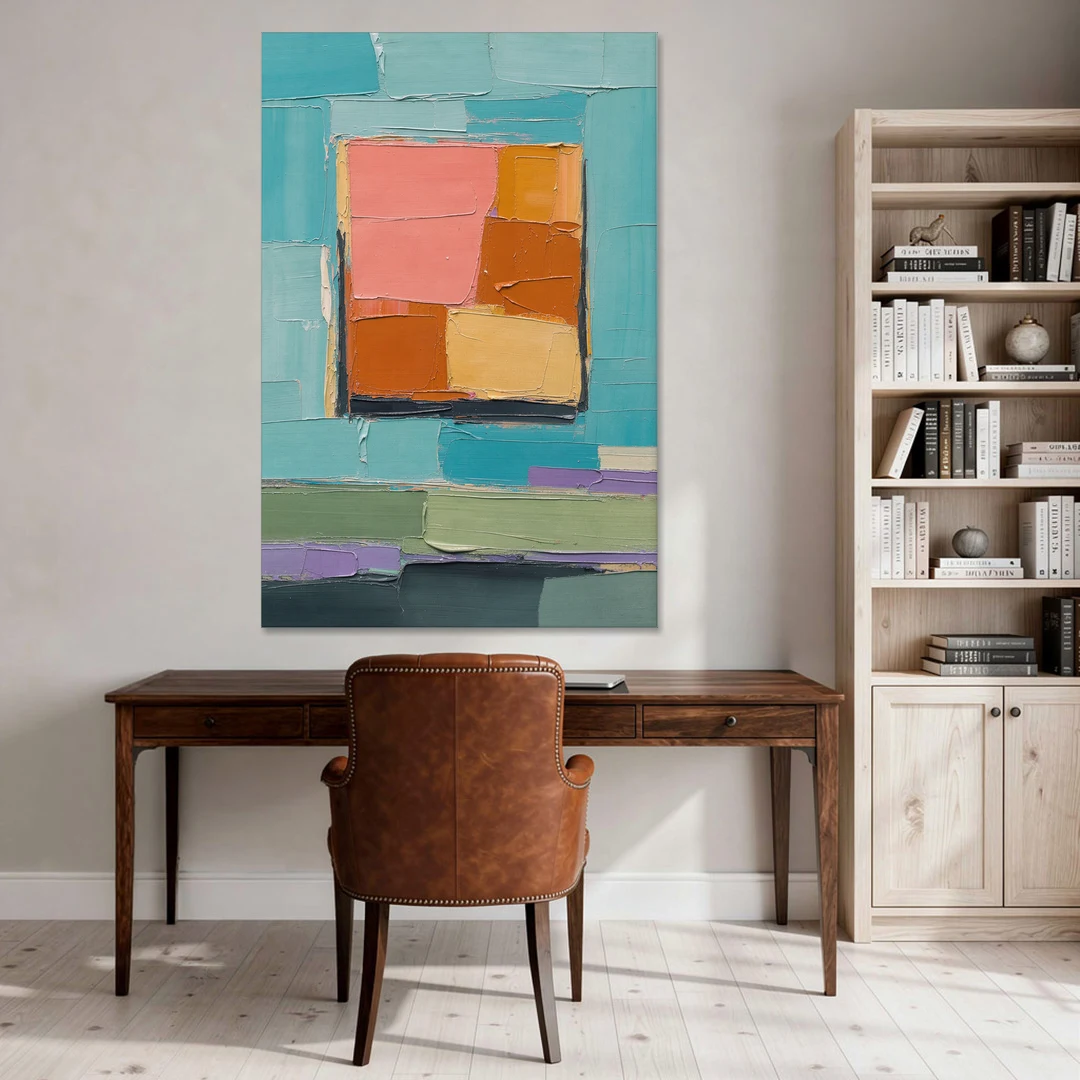 Modern Abstract Prints Sunset Square on Turquoise - Canvas Wall Art - Office - 40x60