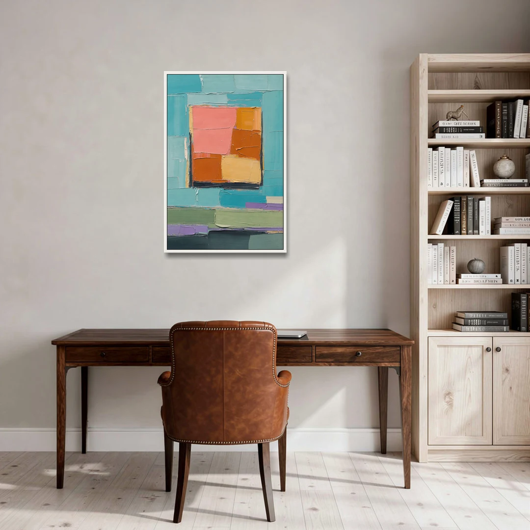Modern Abstract Prints Sunset Square on Turquoise - White Framed Canvas Wall Art - Office - 24x36