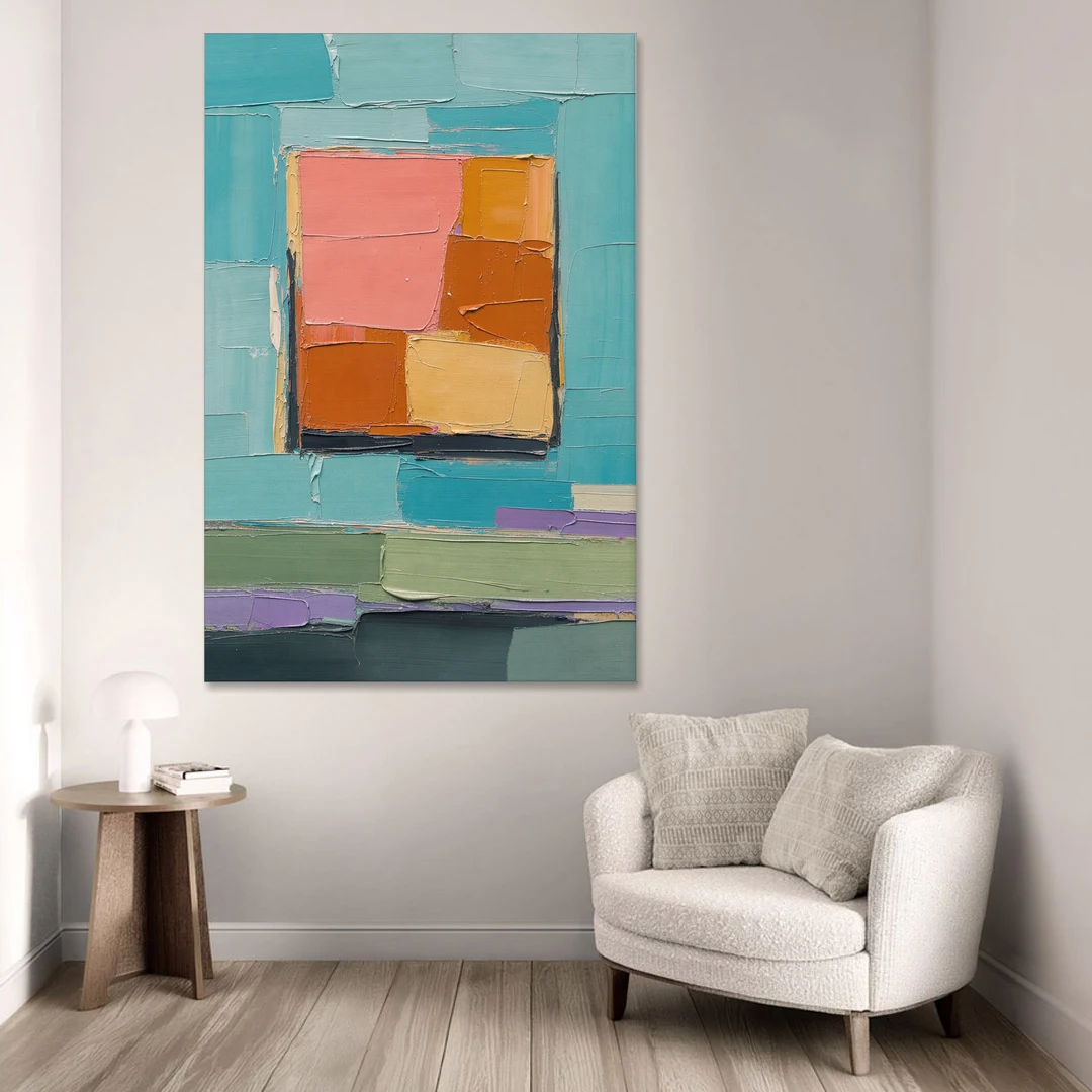 Modern Abstract Prints Sunset Square on Turquoise - Canvas Wall Art - Sofa - 40x60