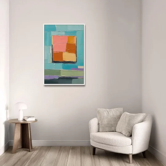 Modern Abstract Prints Sunset Square on Turquoise - White Framed Canvas Wall Art - Sofa - 24x36