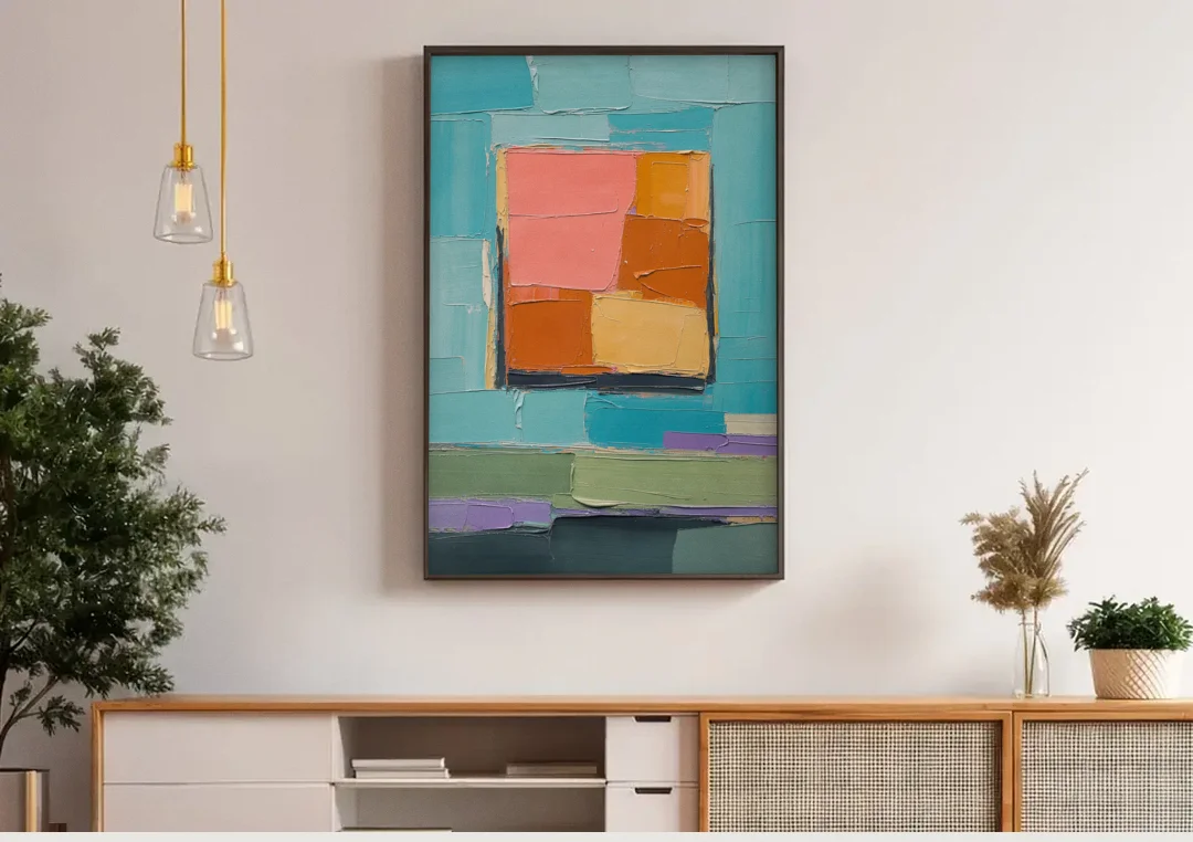 Modern Abstract Prints Sunset Square on Turquoise canvas wall art above a wooden sideboard under pendant lights