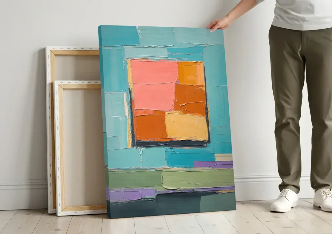 Modern Abstract Prints Sunset Square on Turquoise canvas wall art leaning against a wall next to blank canvases