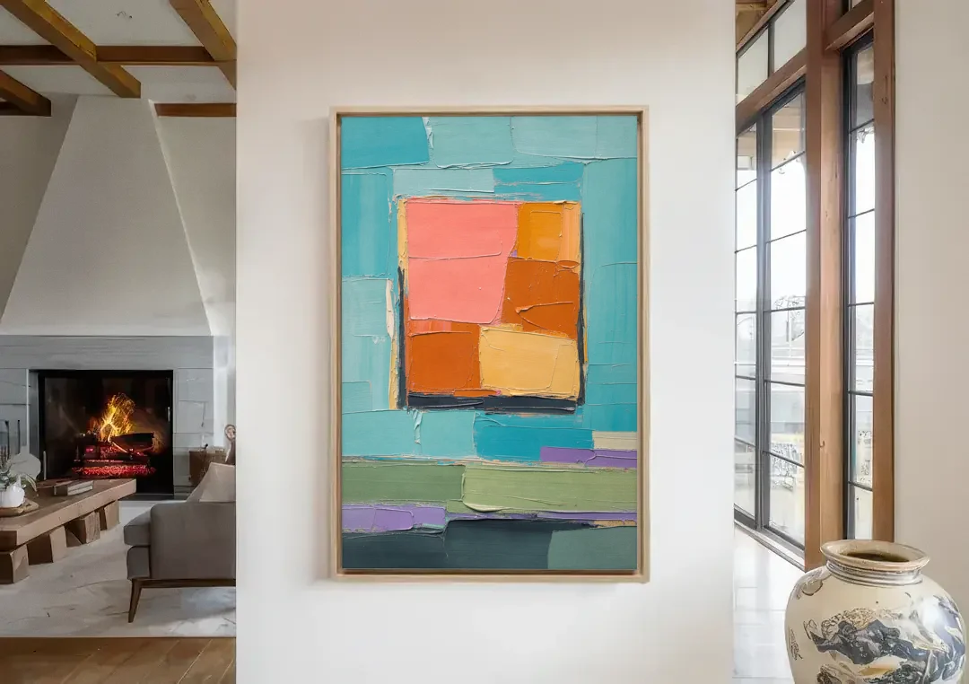Modern Abstract Prints Sunset Square on Turquoise canvas wall art in a living room with a fireplace