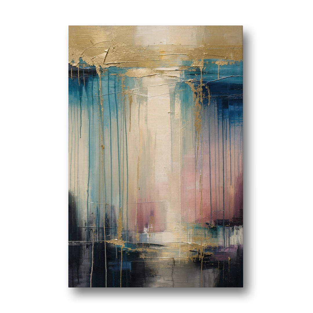 Modern Abstract Teal and Gold Veil Rain - Canvas Wall Art - Front