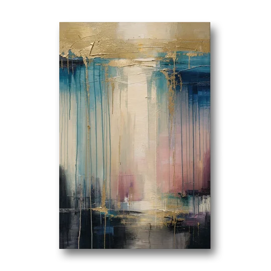Modern Abstract Teal and Gold Veil Rain - Canvas Wall Art - Front