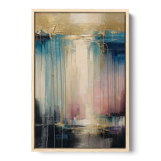 Modern Abstract Teal and Gold Veil Rain - Oak Framed Canvas Wall Art - Front