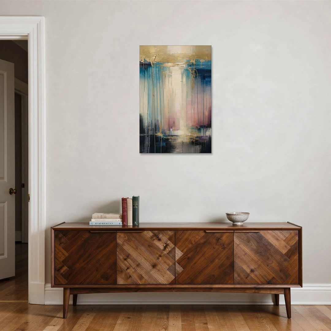 Modern Abstract Teal and Gold Veil Rain - Canvas Wall Art - Coffee Table - 24x36