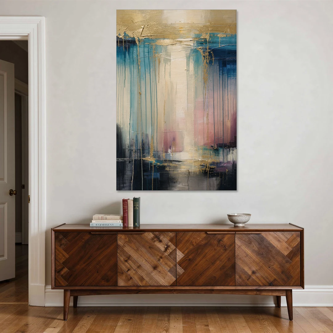 Modern Abstract Teal and Gold Veil Rain - Canvas Wall Art - Coffee Table - 40x60