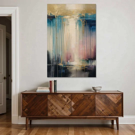 Modern Abstract Teal and Gold Veil Rain - Canvas Wall Art - Coffee Table - 40x60