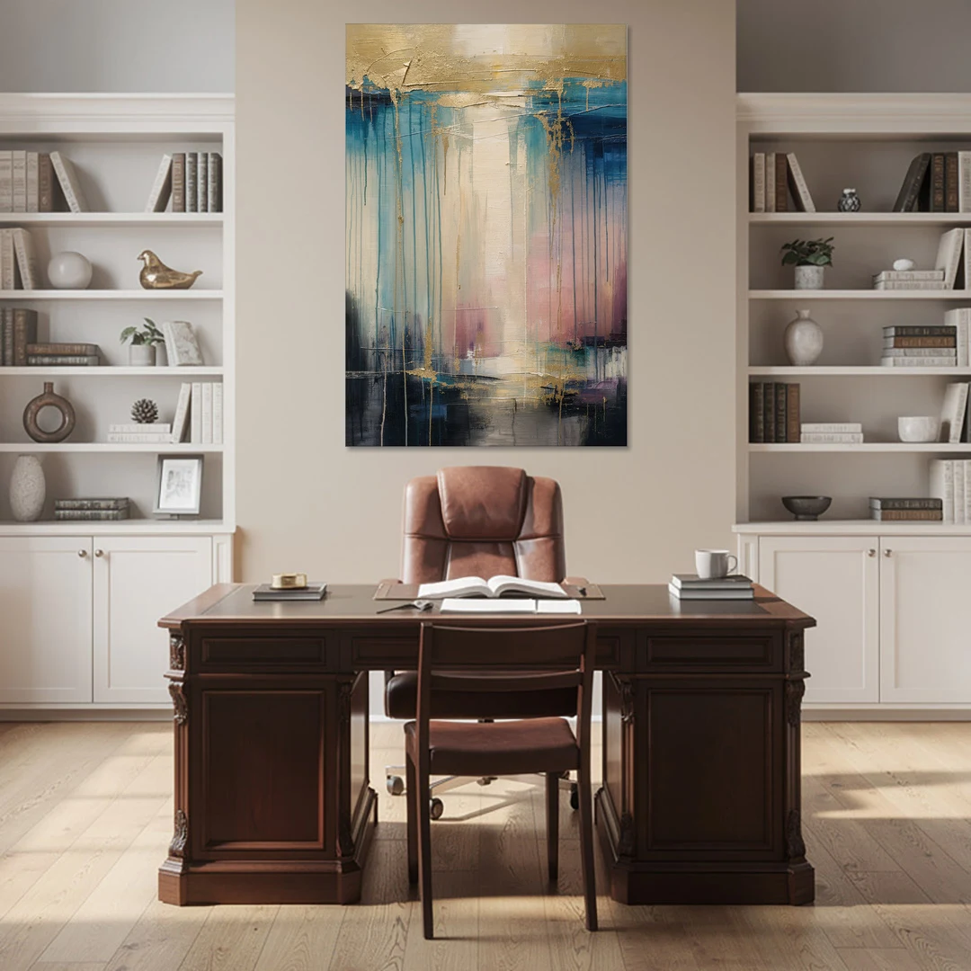 Modern Abstract Teal and Gold Veil Rain - Canvas Wall Art - Office - 40x60