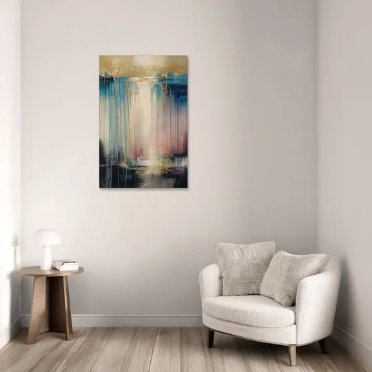 Modern Abstract Teal and Gold Veil Rain - Canvas Wall Art - Sofa - 24x36