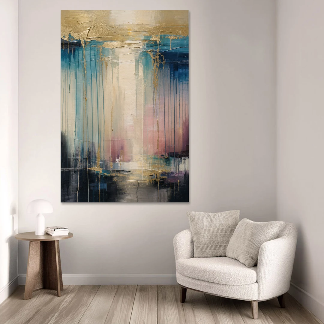Modern Abstract Teal and Gold Veil Rain - Canvas Wall Art - Sofa - 40x60