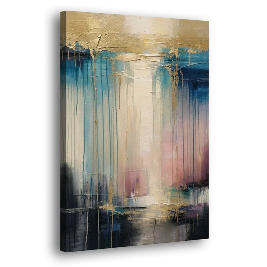 Modern Abstract Teal and Gold Veil Rain - Canvas Wall Art - Side