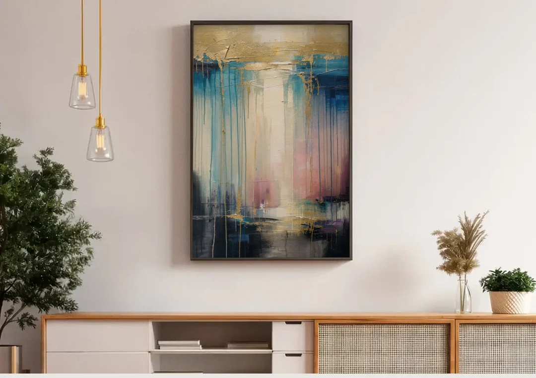 Modern Abstract Teal and Gold Veil Rain canvas wall art above a wooden sideboard under pendant lights