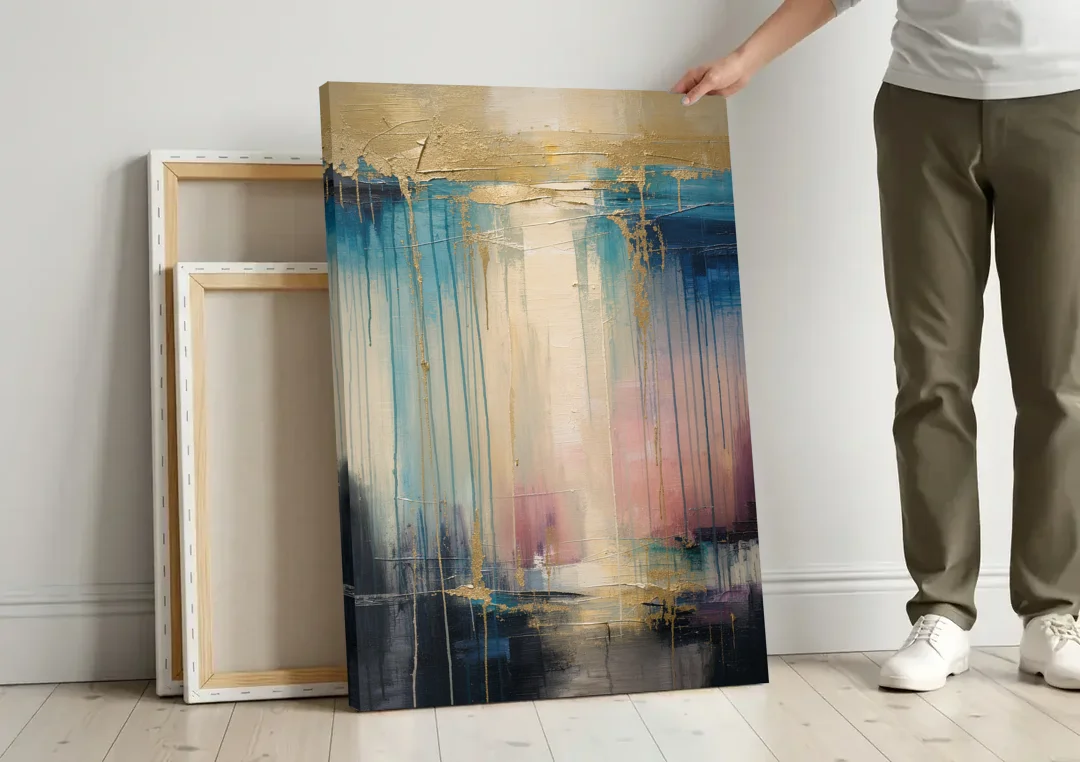 Modern Abstract Teal and Gold Veil Rain canvas wall art leaning against a wall next to blank canvases