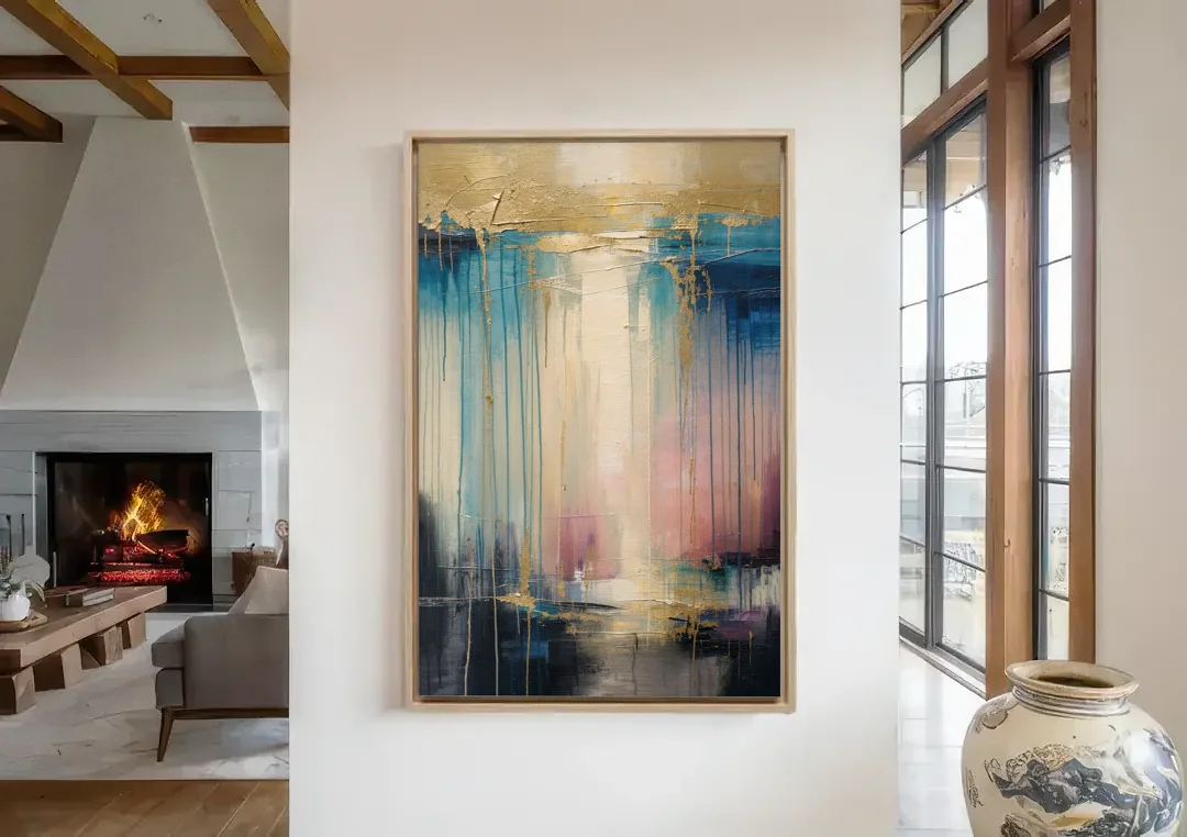 Modern Abstract Teal and Gold Veil Rain canvas wall art in a living room with a fireplace