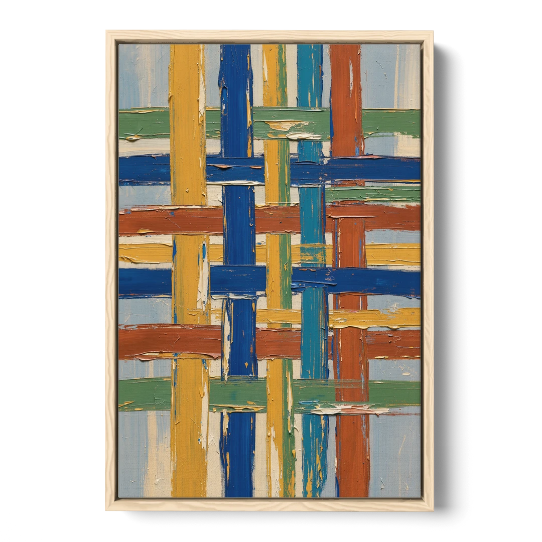 Modern Abstract Woven Color Lattice - Oak Framed Canvas Wall Art - Front