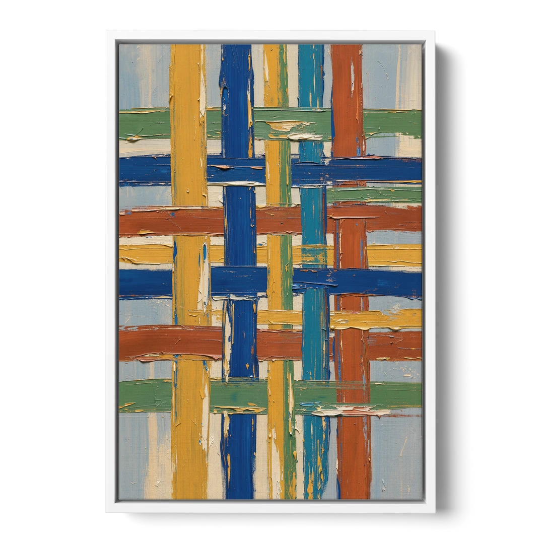 Modern Abstract Woven Color Lattice - White Framed Canvas Wall Art - Front