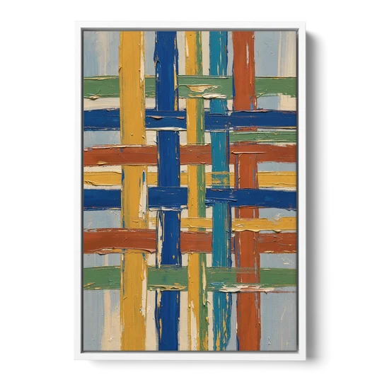 Modern Abstract Woven Color Lattice - White Framed Canvas Wall Art - Front