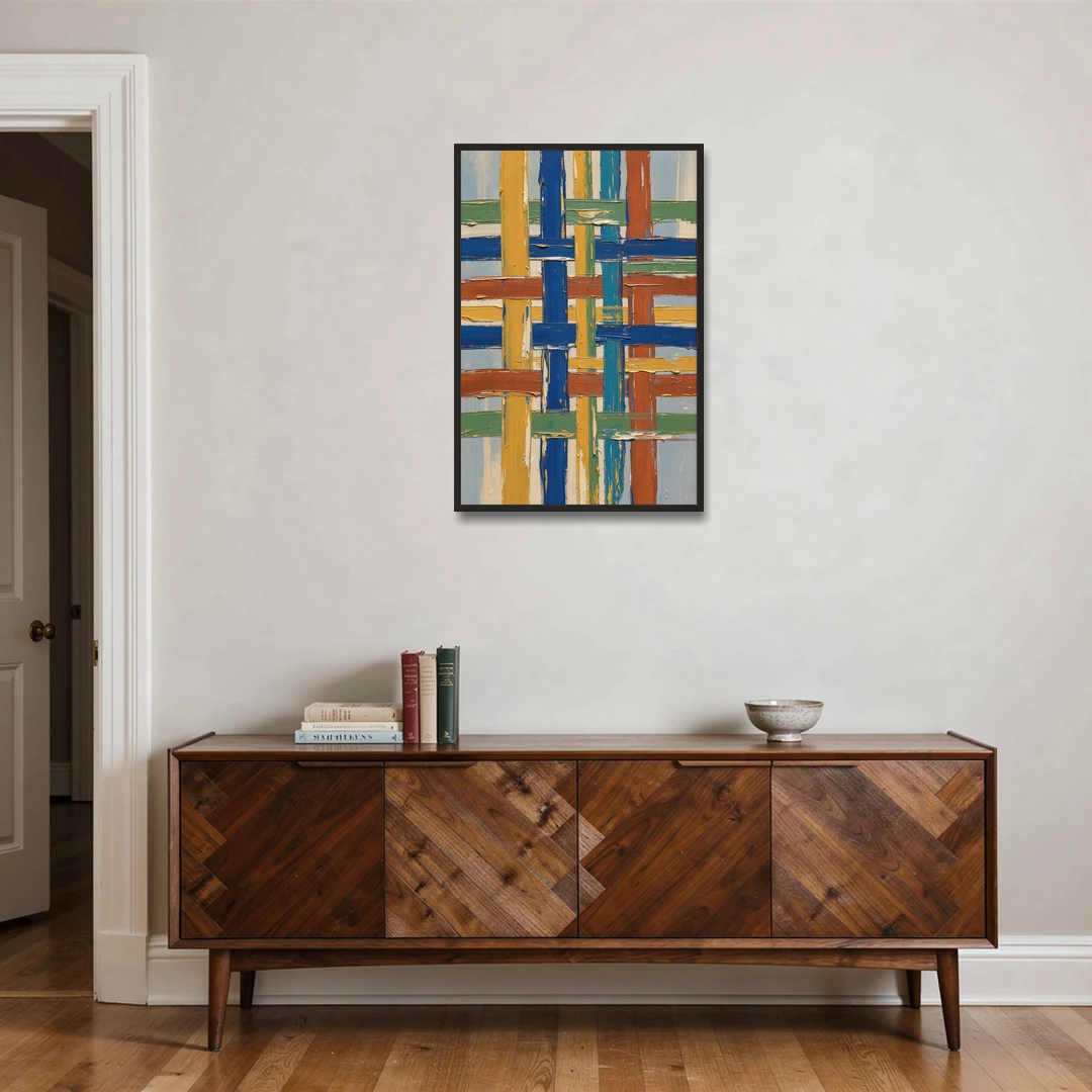 Modern Abstract Woven Color Lattice - Black Framed Canvas Wall Art - Coffee Table - 24x36
