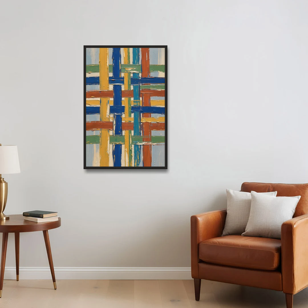 Modern Abstract Woven Color Lattice - Black Framed Canvas Wall Art - Sofa - 24x36