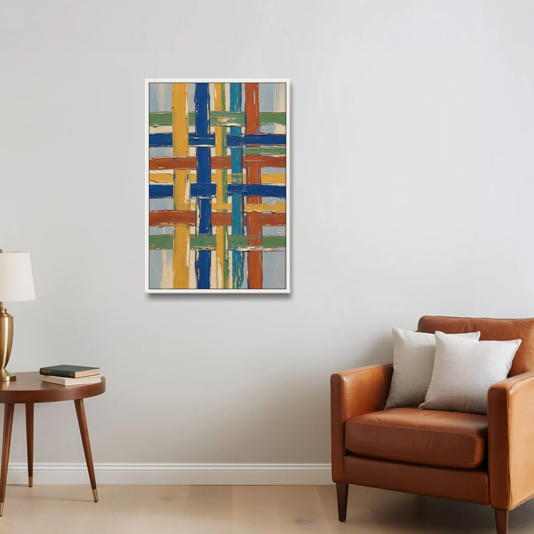 Modern Abstract Woven Color Lattice - White Framed Canvas Wall Art - Sofa - 24x36