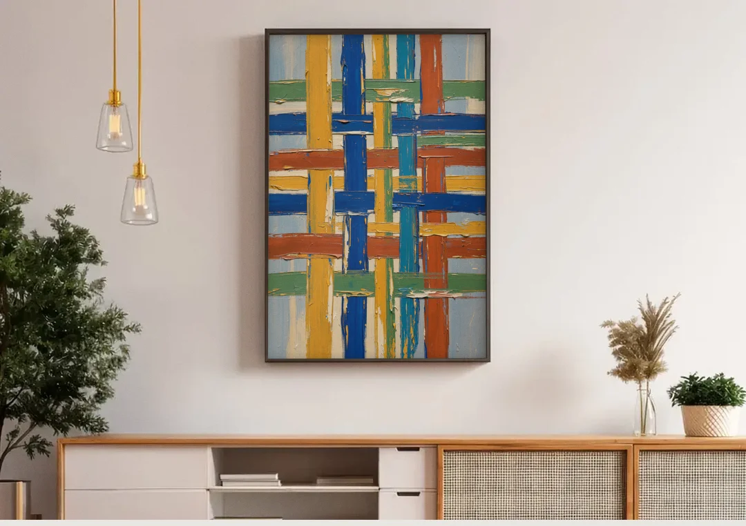 Modern Abstract Woven Color Lattice canvas wall art above a wooden sideboard under pendant lights