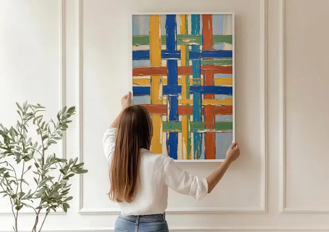 Modern Abstract Woven Color Lattice canvas wall art being hung on a paneled wall