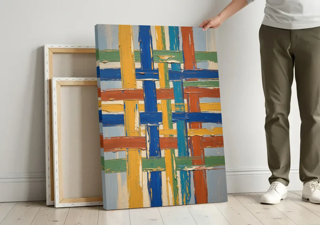Modern Abstract Woven Color Lattice canvas wall art leaning against a wall next to blank canvases