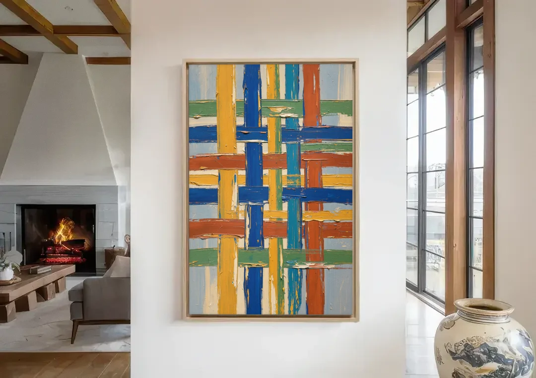 Modern Abstract Woven Color Lattice canvas wall art in a living room with a fireplace