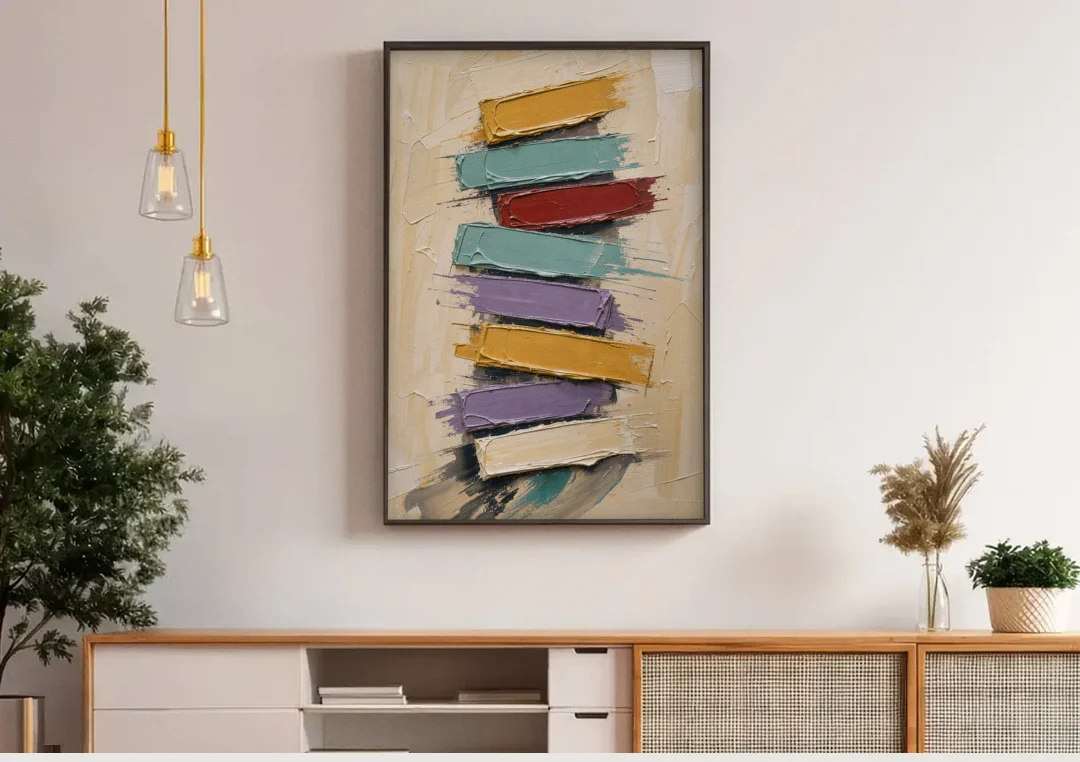 Modern Art Canvas Crimson Keystone Stack canvas wall art above a wooden sideboard under pendant lights